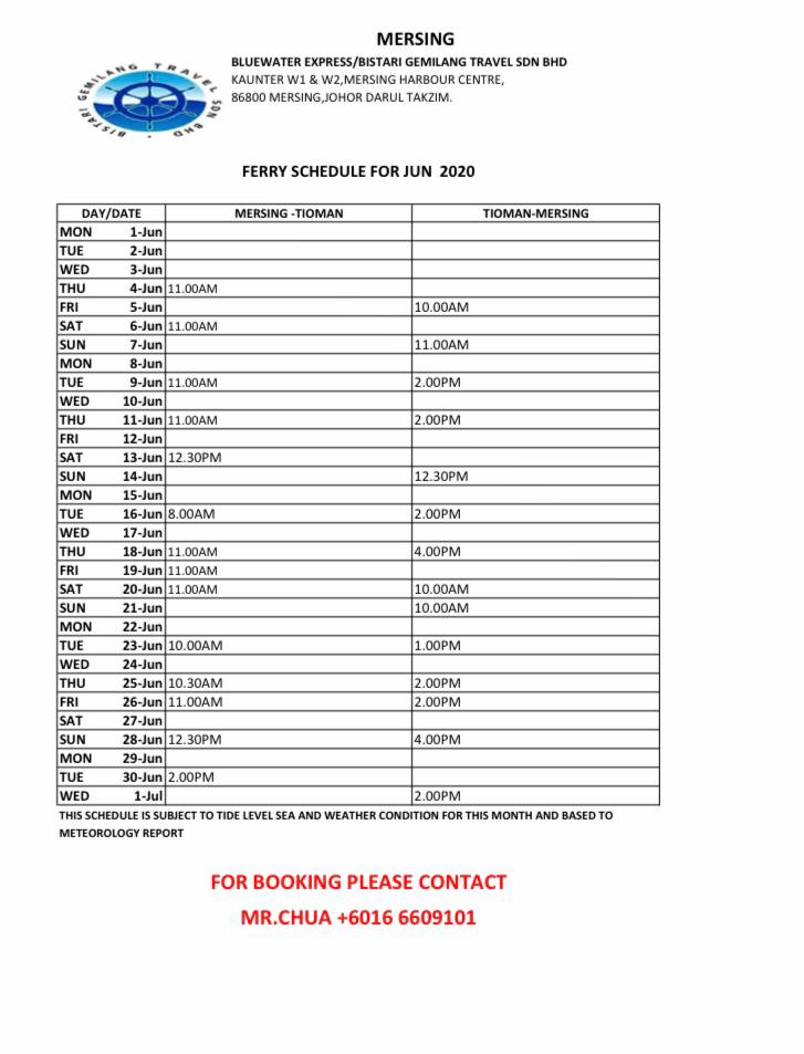 Mersing-Tioman Ferry Schedule June 2020