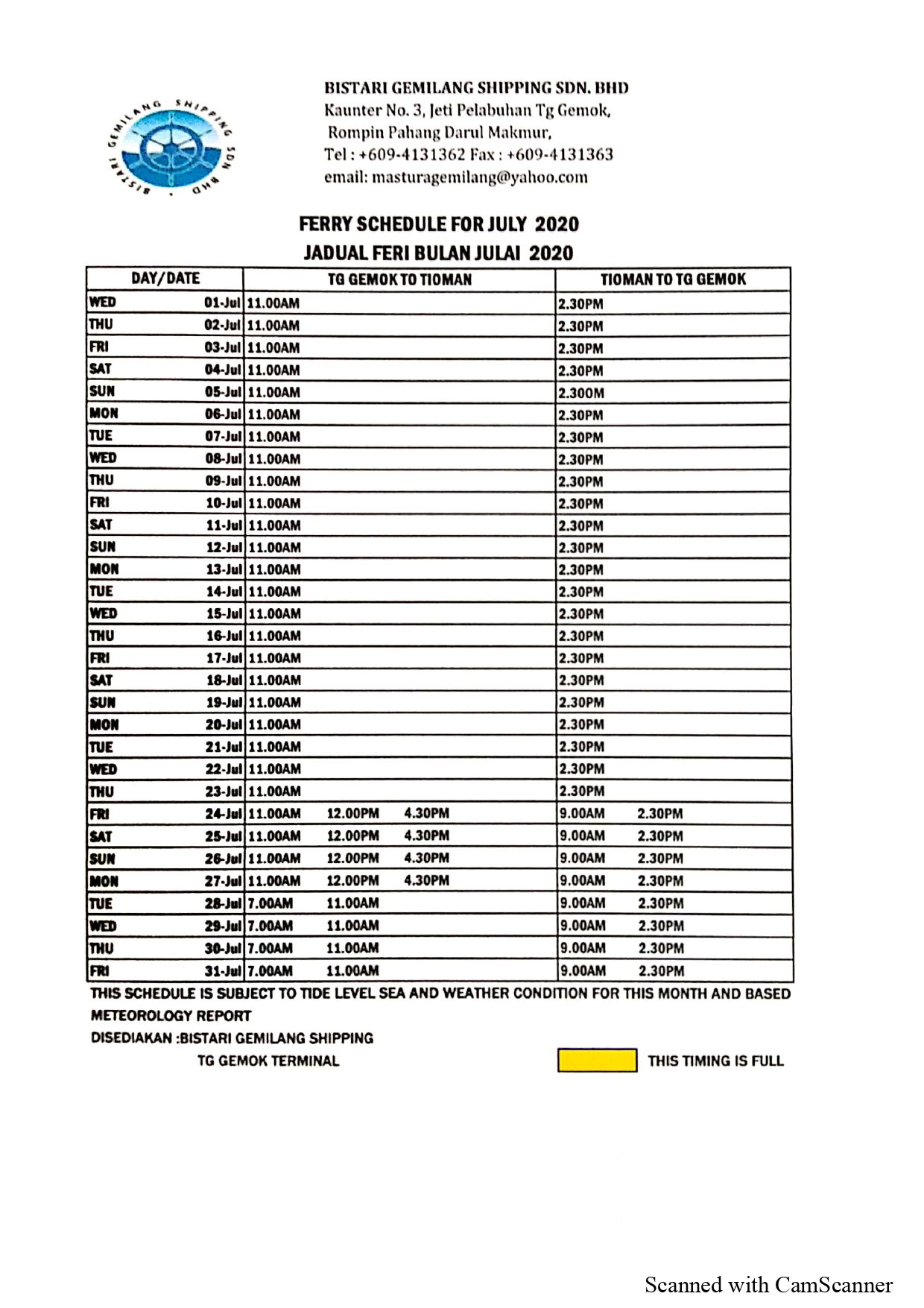 Tanjung Gemok-Tioman Ferry Schedule July 2020
