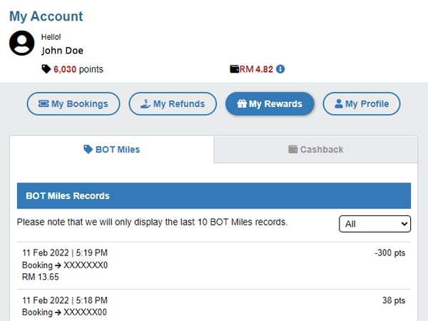 Login to your account to check your BOT Miles balance