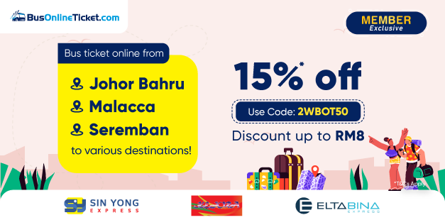 15% OFF on Bus from JB, Malacca and Seremban