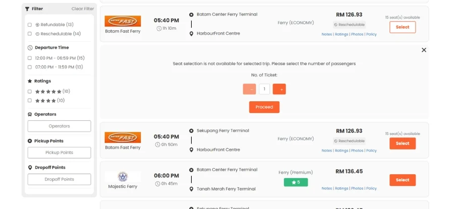 Select ferry trip and reserve seat